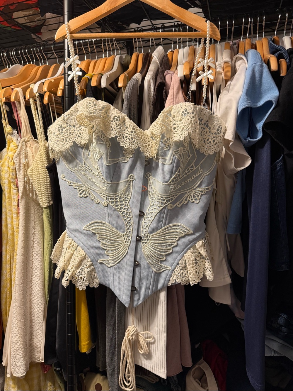 Vintage-Inspired Light Blue Lace Trim Bandeau Corset Top